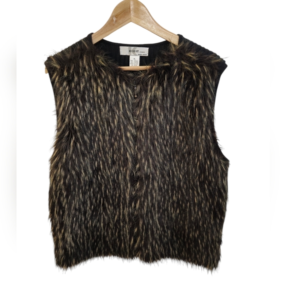 Kikit Studio Maurice Sasson Women's Faux Fur Vest Black Tan Ribbed Back Size XL